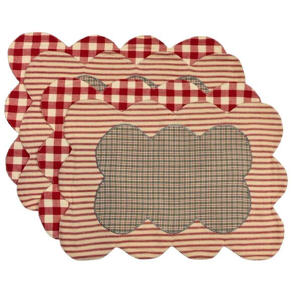 Set of 4 Summers Edge Placemat Set Red Blue Tan Country Picnic Scalloped Striped - Picture 11 of 12